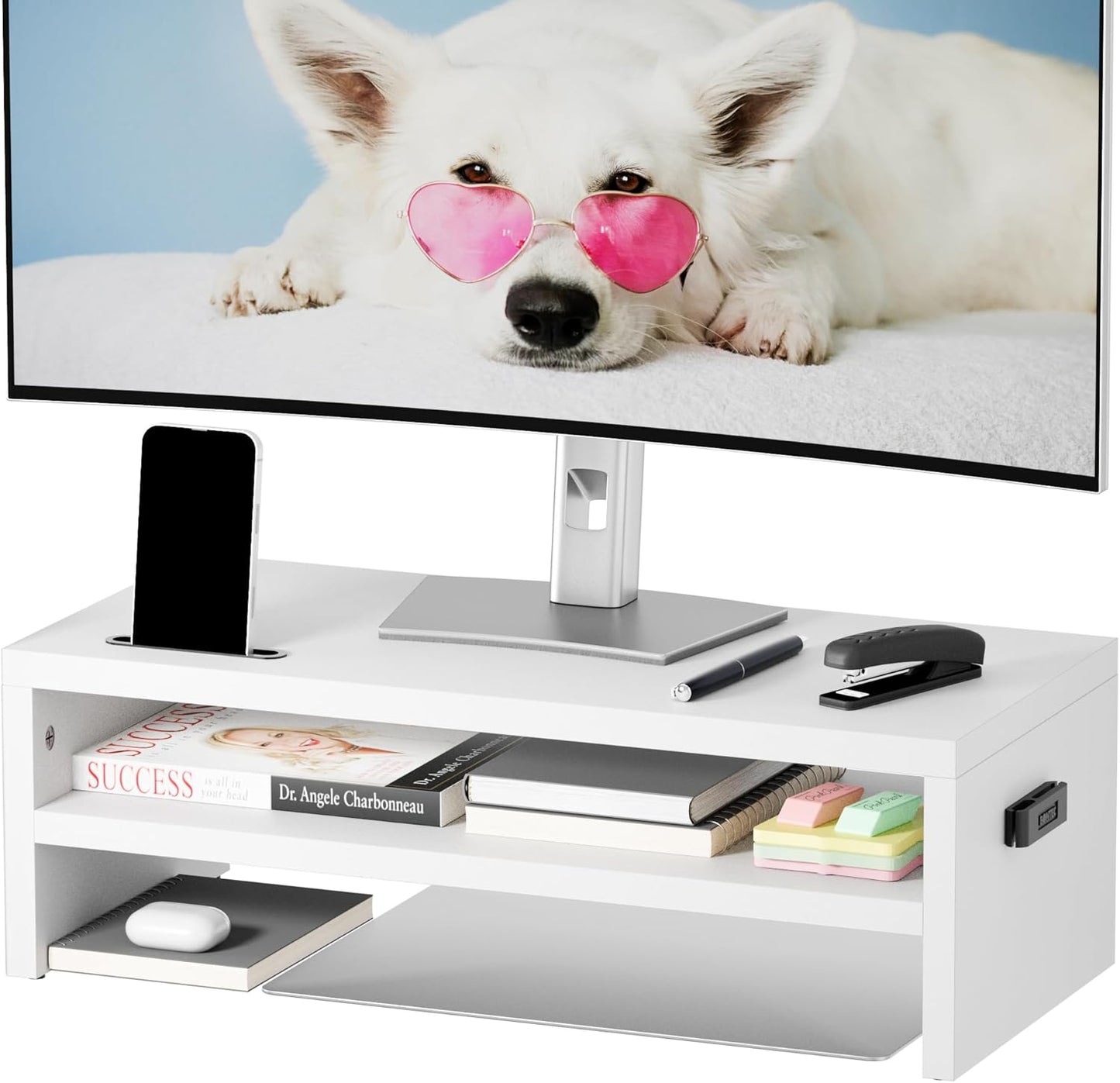 BONTEC Wooden Monitor Stand Riser for Desk, 2-Tier Computer Monitor Stand with Storage, 66 lbs Desk Shelf Organizer, Laptop & Printer Stand with Phone Holder and Cable Management, White, 16.5 Inch