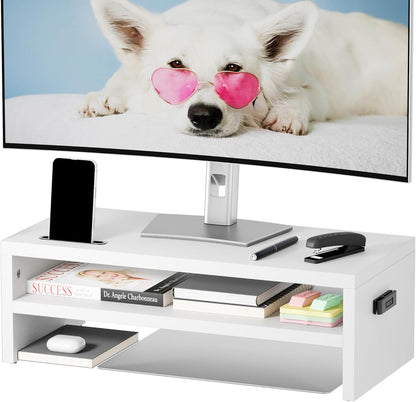 BONTEC Wooden Monitor Stand Riser for Desk, 2-Tier Computer Monitor Stand with Storage, 66 lbs Desk Shelf Organizer, Laptop & Printer Stand with Phone Holder and Cable Management, White, 16.5 Inch