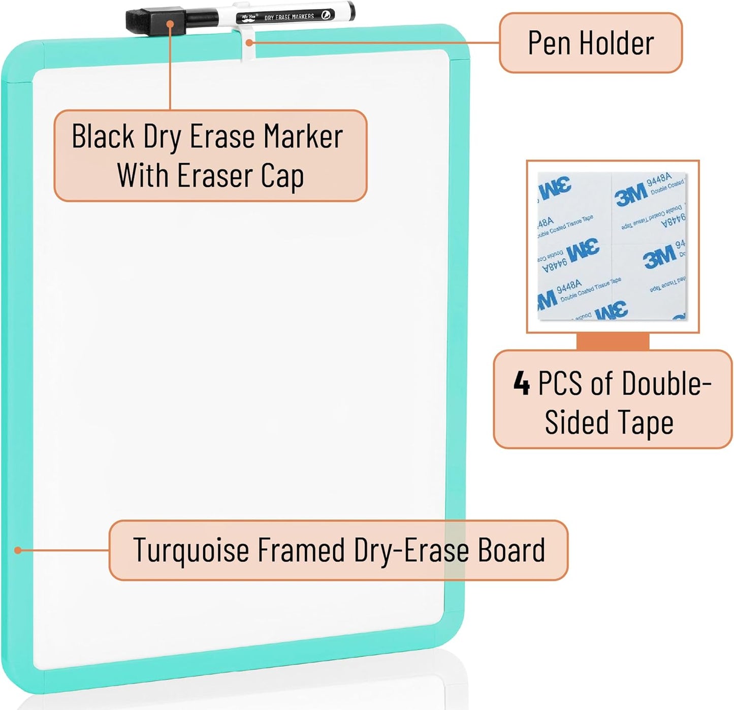 Mr. Pen- Dry Erase Board, 14” x 11” with a Black Dry Erase Marker, White Frame, Small Mini White Board for Students, Fridge, Wall, Locker, Includes Double Sided Tapes