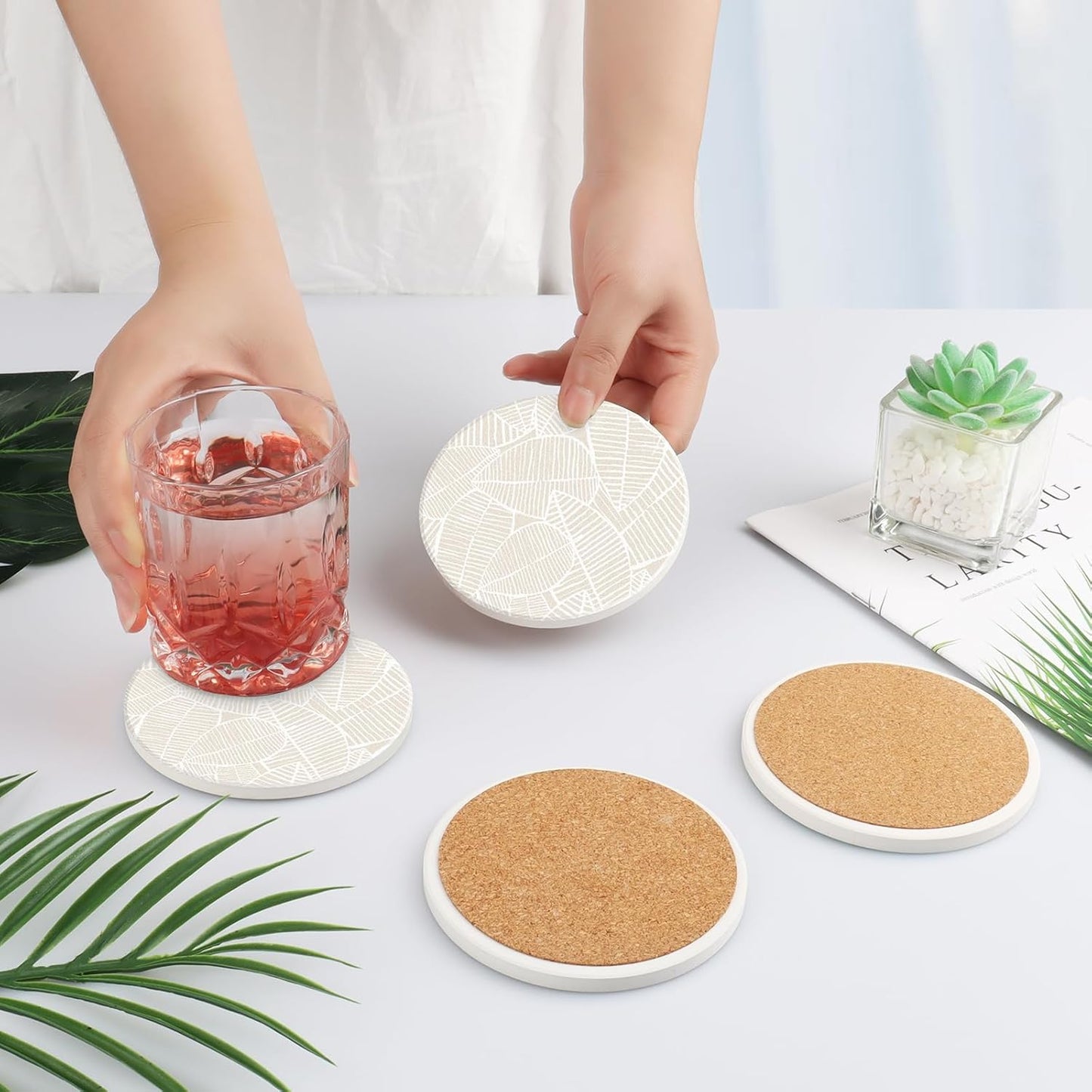 Ceramic Absorbent Table Coasters Set of 2 - Heat-Resistant Desk Cup Coasters with Cork Base, Leaf Design Protect Furniture (2Pack)