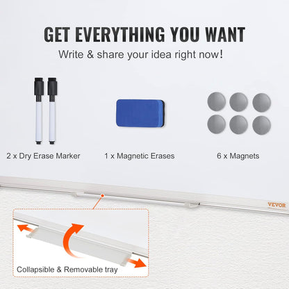 VEVOR Magnetic Glass Whiteboard, Dry Erase Board 36"x24", Wall-Mounted Large White Glassboard Frameless, with Marker Tray, an Eraser and 2 Markers, Black