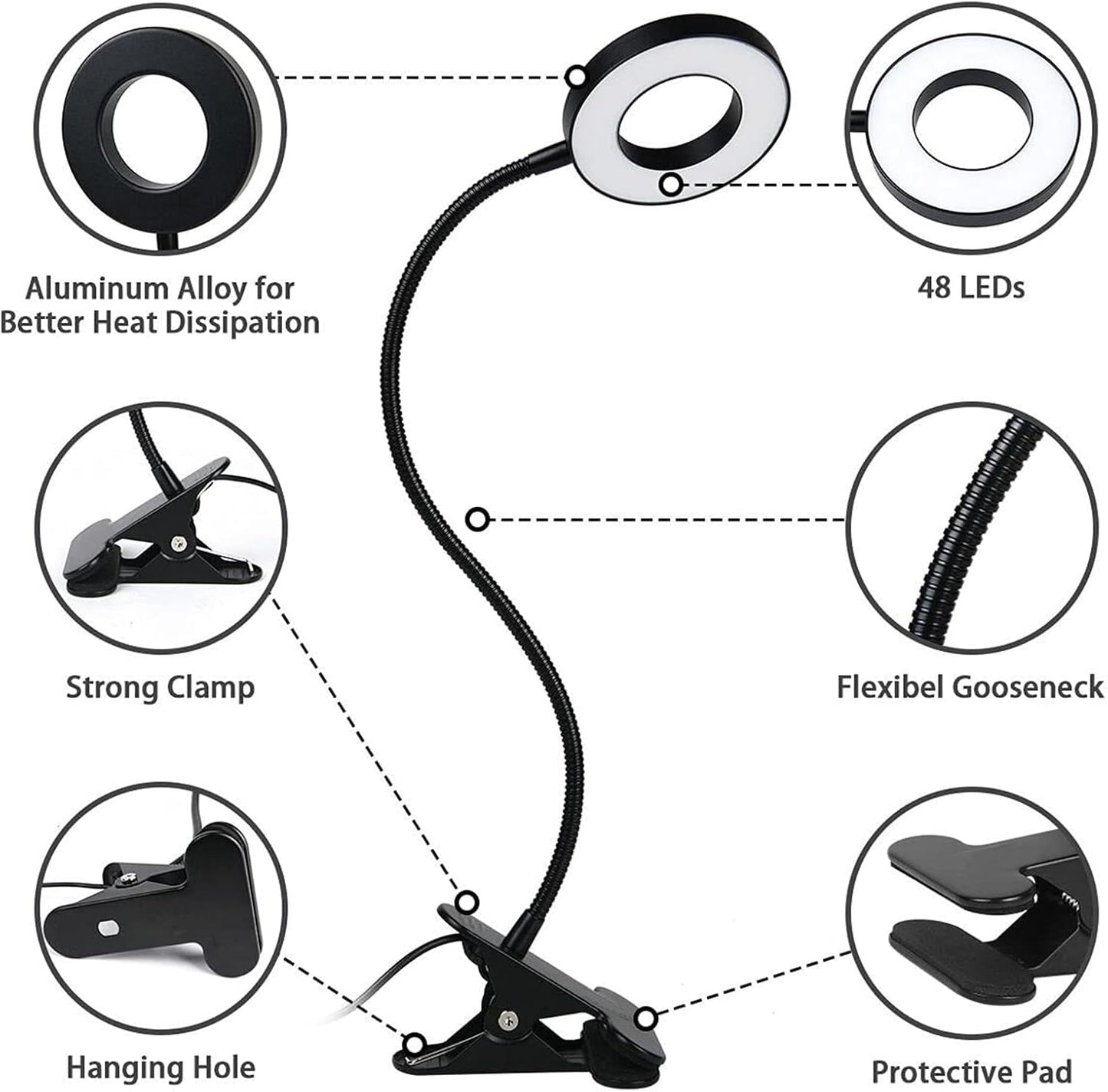 Brokimis Clip on Light LED Reading Book Study Lamp 3 Color Modes 10 Brightness Eye Protection 360° Flexible Gooseneck Student Dormitory Office Desk Lamp at Night in Bed