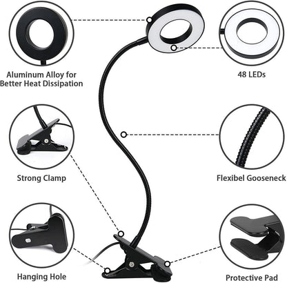 Brokimis Clip on Light LED Reading Book Study Lamp 3 Color Modes 10 Brightness Eye Protection 360° Flexible Gooseneck Student Dormitory Office Desk Lamp at Night in Bed