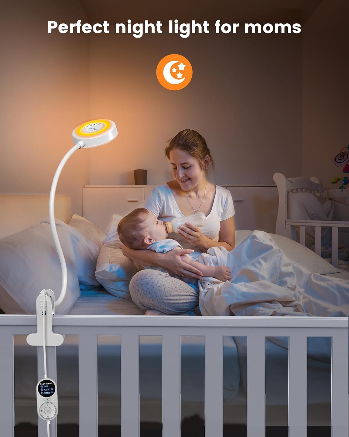Glocusent 72 LED Clip on Lamp with Remote, Reading Light with Amber Ring, 3 Colors & 5 Dimmable Bed Lamp, 30/60-Min Auto Off Timer, Clamp Light for Headboard/Dorm/Bunk (Black)