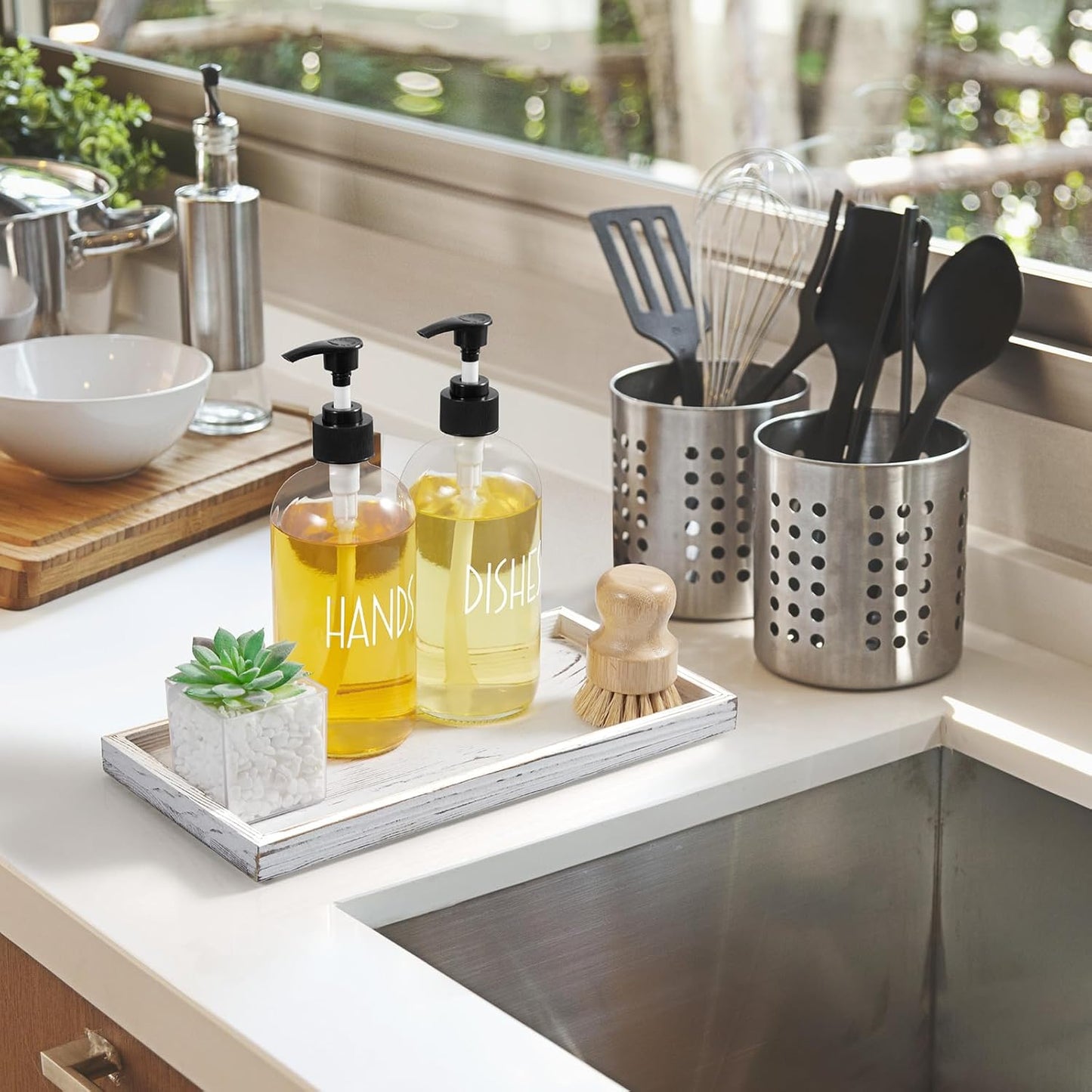 ALELION 8" Acacia Wood Bathroom Vanity Tray for Counter - Dresser Top Tray for Perfume Jewelry Candle Key Catchall - Small Kitchen Countertop Organizer for Soap Dispenser and Sponge Holder
