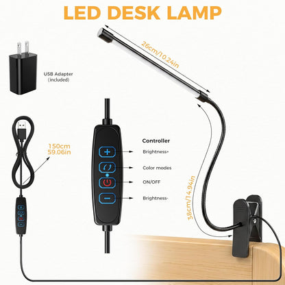Clip on Reading Light for Books in Bed: Adjustable Dimmable Gooseneck Eye Caring LED Small Desk Table Lamps with Clamp: 3 Modes Lighting Night Lamp for Bed Headboard - Bedside（with Power Adapter）