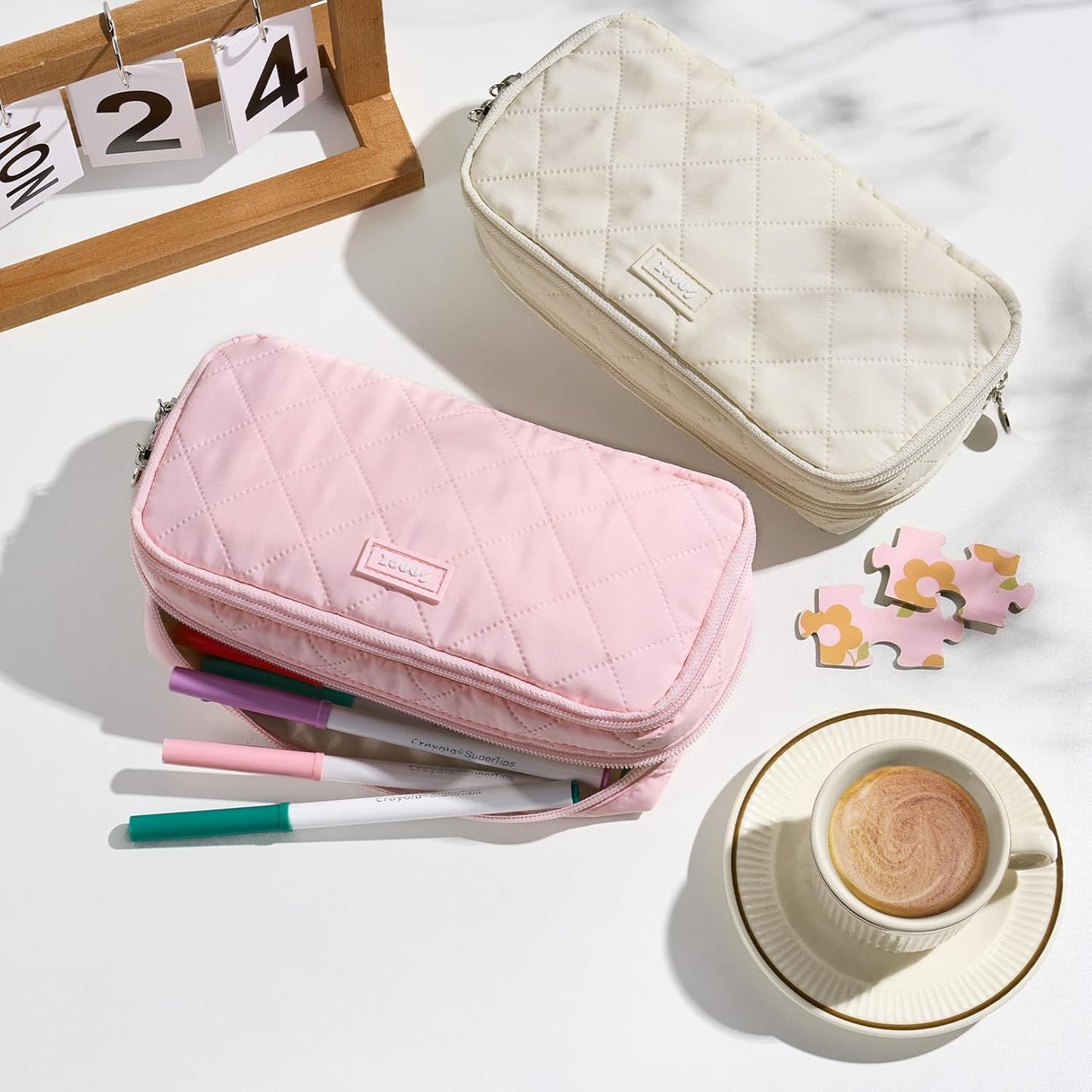 Sooez Large Pencil Case Pouch, Extra Big Pencil Bag with 8 Compartments, Pen Bag Wide Opening, Soft Quilted Pencil Pouch Organizer with Zipper, Portable Pencil Case for Teen Girls, Pink