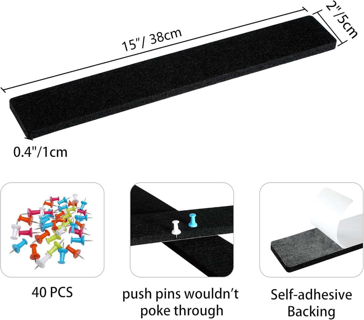 Cork Board for Walls - 8 Pack Felt Pin Board Bar Strips - Self-Adhesive Lightweight Bulletin Board - Cork Board for Office with 40 Push Pins No Damage for Wall