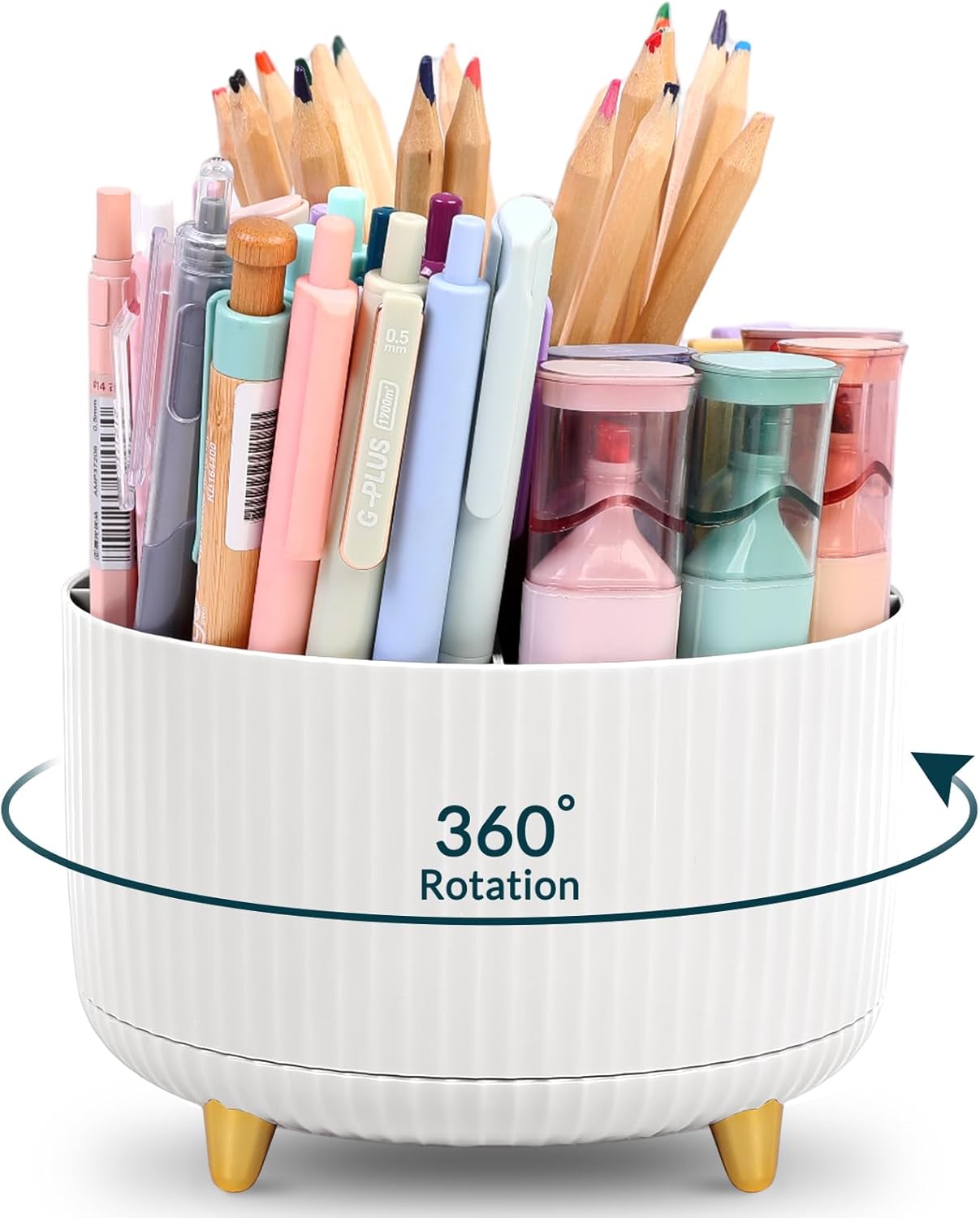 KONVINIT Pencil Pen Holder for Desk, 5 Slots 360 - Degree Rotating Desktop Organizer, Cute Desk Organizers and Accessories for School, Home, Office and Art Supply, Black