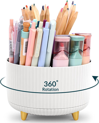 KONVINIT Pencil Pen Holder for Desk, 5 Slots 360 - Degree Rotating Desktop Organizer, Cute Desk Organizers and Accessories for School, Home, Office and Art Supply, Black