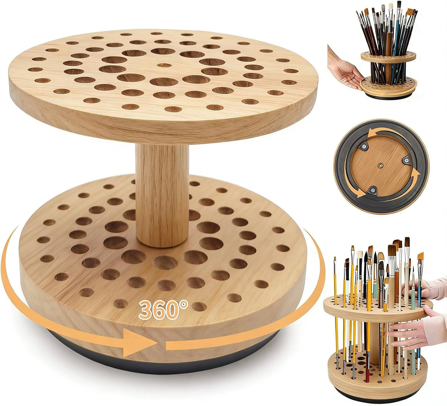 360 Degree Friction-Free Rotating Paint Brush Holder, 52 Multi-Size Hole Natural Hardwood Storage Stand, Space-Saving Desktop Organizer for Artist, Watercolor, Makeup Brushes and Craft Tools (brown)