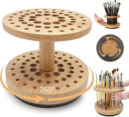 360 Degree Friction-Free Rotating Paint Brush Holder, 52 Multi-Size Hole Natural Hardwood Storage Stand, Space-Saving Desktop Organizer for Artist, Watercolor, Makeup Brushes and Craft Tools (brown)