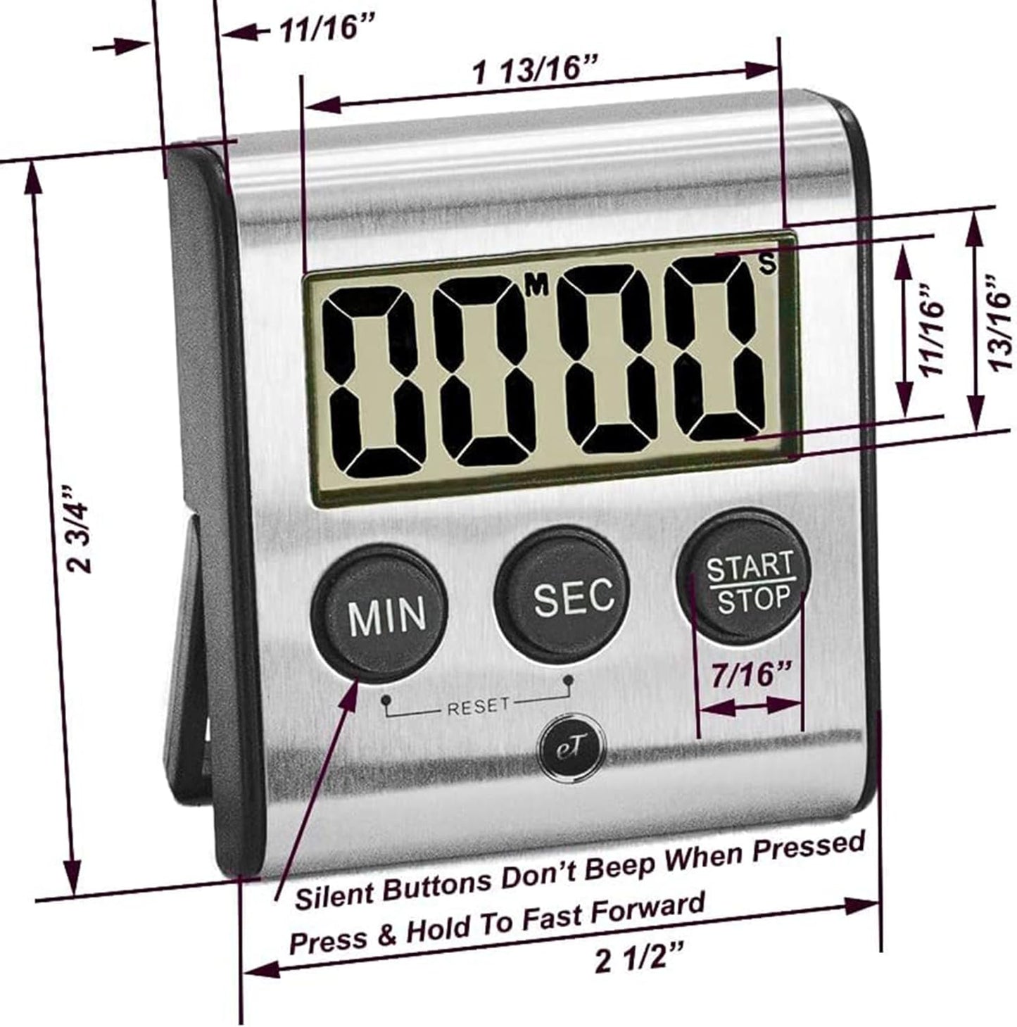 Elegant Digital Kitchen Timer, Stainless Steel Model eT-23, Super Strong Magnetic Back, Loud Alarm, Large Display, Auto Memory, Auto Shut-Off by eTradewinds