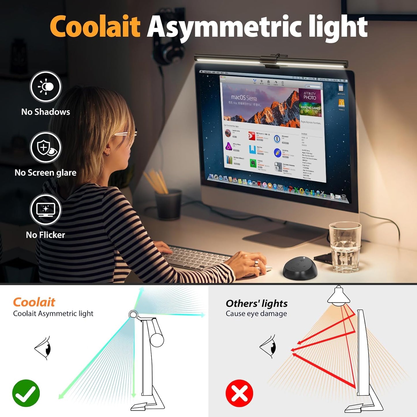 Computer Monitor Light,Screen Monitor Light Bar with Backlight for Eye Caring, E-Reading LED Task Lamp with Color/Dimming Adjustment,Touch Control,No Screen Glare Space Saving Home Office Lamp