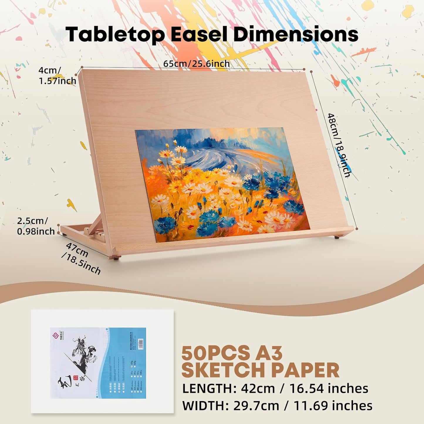 Wooden Tabletop Easel for Painting, Adjustable Table Top Artist Drawing Board for Adults, Students, 5-Position Art Easel Stand 25.6" x 18.9" Drafting Board with A3 Sketch Paper, A2