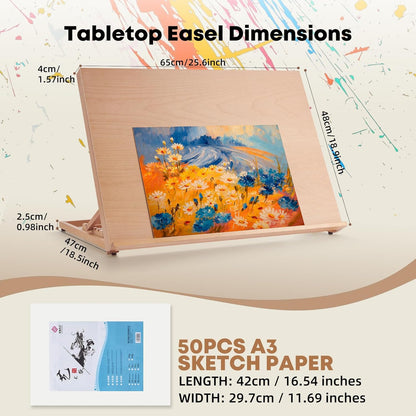 Wooden Tabletop Easel for Painting, Adjustable Table Top Artist Drawing Board for Adults, Students, 5-Position Art Easel Stand 25.6" x 18.9" Drafting Board with A3 Sketch Paper, A2