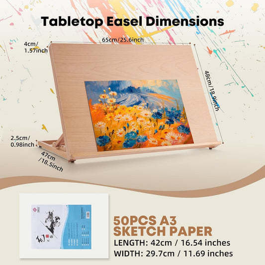 Wooden Tabletop Easel for Painting, Adjustable Table Top Artist Drawing Board for Adults, Students, 5-Position Art Easel Stand 25.6" x 18.9" Drafting Board with A3 Sketch Paper, A2