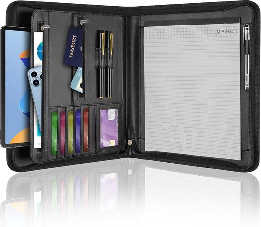 Leather Padfolio Portfolio Binder Organizer, with 25 Pages Notepad & 13" Tablet Sleeve, Professional Conference Meeting Business Zipper Folder for Letter Size A4 Legal Writing Pad Document Men Women