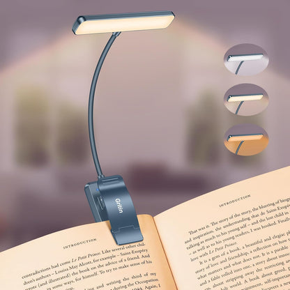 Gritin 19 LED Rechargeable Book Light for Reading in Bed with Memory Function- Eye Caring 3 Color Temperatures,Stepless Dimming Brightness,90 Hrs Runtime Lightweight Clip on Light for Book Lovers