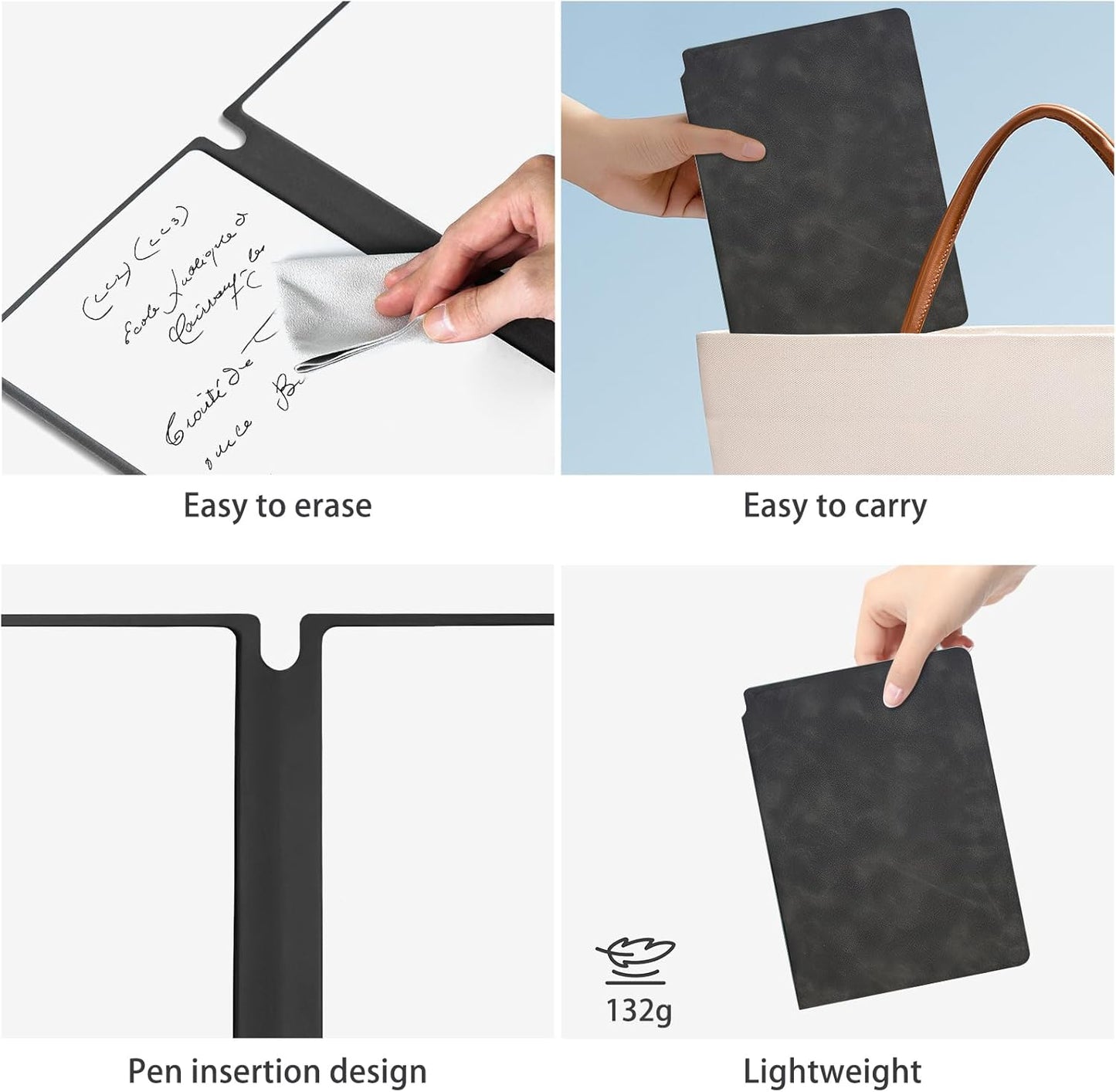 SAYEEC Whiteboard Notebook, Portable Dry Erase Board with 3 Colors Fineliner Pens, Black PU Cover Erasable Handheld White Board Reusable Drawing Notebook Easel Pad for Meeting Business Office School