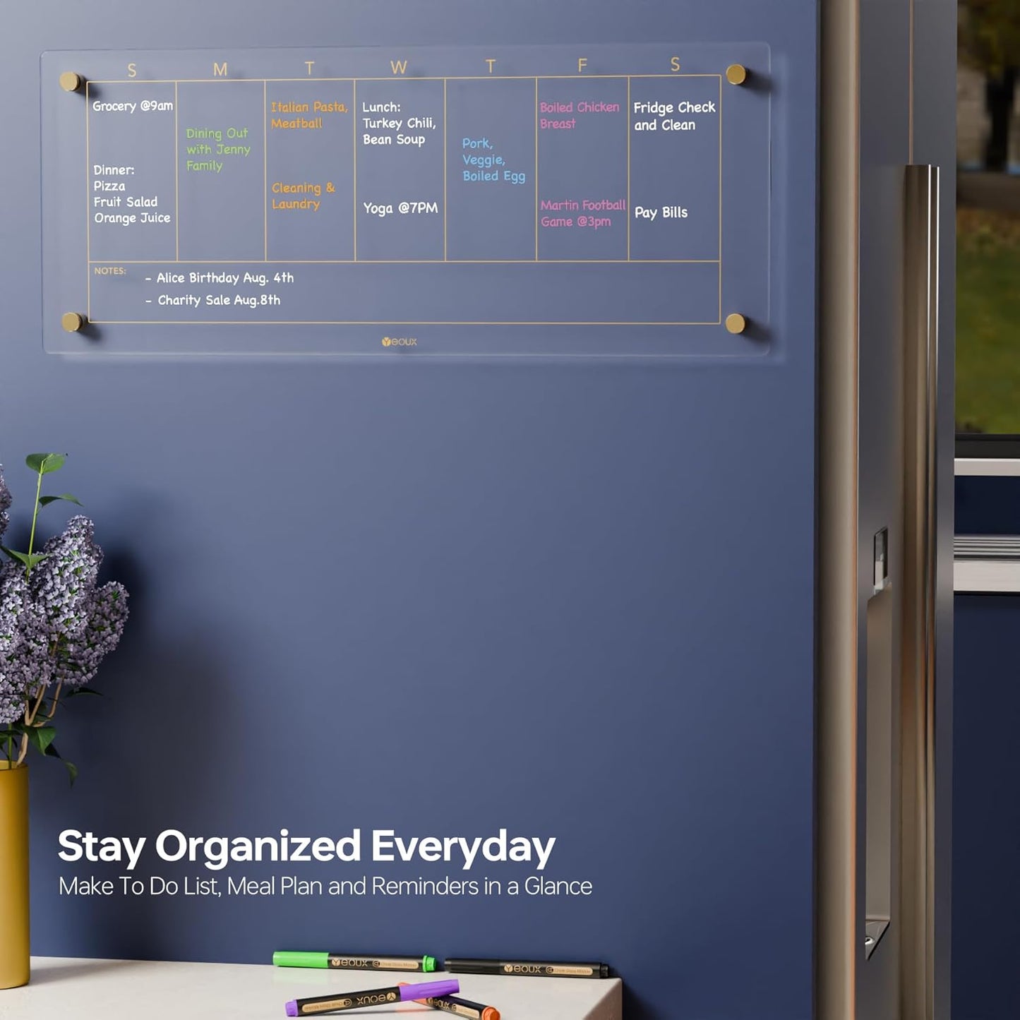 Glass Golden Weekly Dry Erase Calendar & Menu Whiteboard for Wall, Meal Planning & Grocery Shopping List White Board for Kitchen, 15x11, 7 Days Planner for Home, 4 Wet Erase Markers Included, Yeoux*
