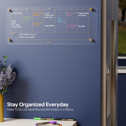 Glass Golden Weekly Dry Erase Calendar & Menu Whiteboard for Wall, Meal Planning & Grocery Shopping List White Board for Kitchen, 15x11, 7 Days Planner for Home, 4 Wet Erase Markers Included, Yeoux*