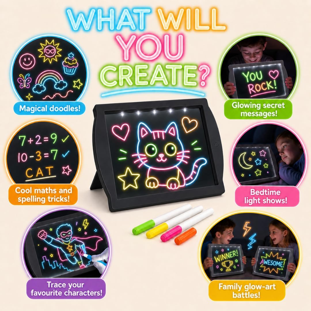 Marvin's Magic Glow Art Neon LED Drawing Board for Kids - Pink Doodle Board with Glow in the Dark Markers - Light Up Tracing Pad and Drawing Tablet - Mess Free Arts and Crafts Set Ages 5+