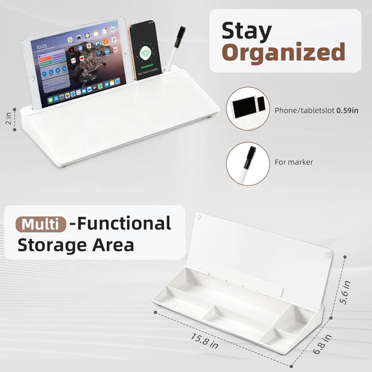 VUSIGN Small Dry Erase Board with Storage, 6.8" x 15.8" Glass Desk Whiteboard, Desk Board with Computer Keyboard Stand & Built-in Drawer, Includes 4 Markers, 1 Eraser for Office, Home, School
