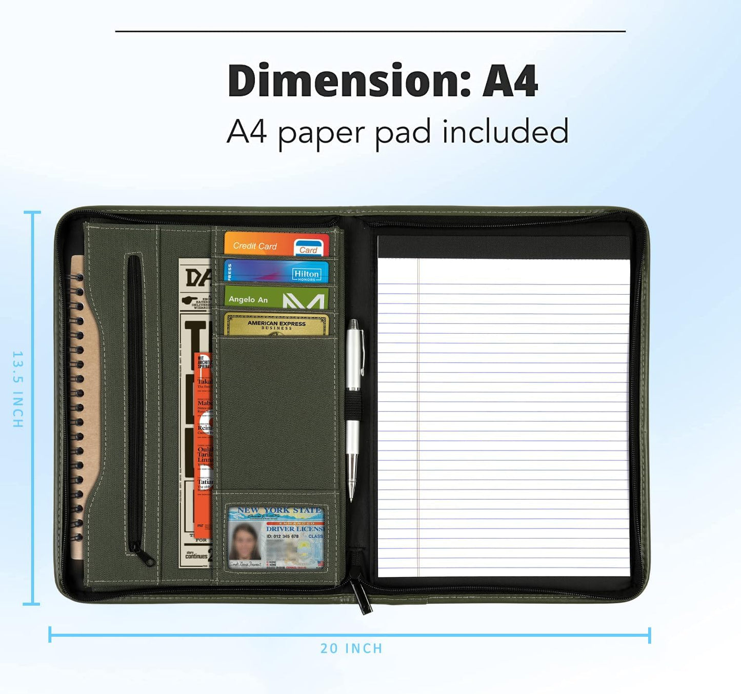 Zippered Portfolio Organizer/ A4 Refillable Lined Writing Notepad Folder Case/Fabric-Covered Padfolio Binder with Interior Storage Pocket for Men Women.Classic Black