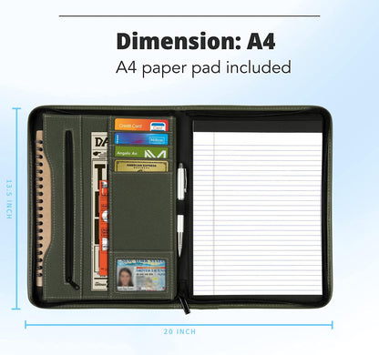 Zippered Portfolio Organizer/ A4 Refillable Lined Writing Notepad Folder Case/Fabric-Covered Padfolio Binder with Interior Storage Pocket for Men Women.Classic Black