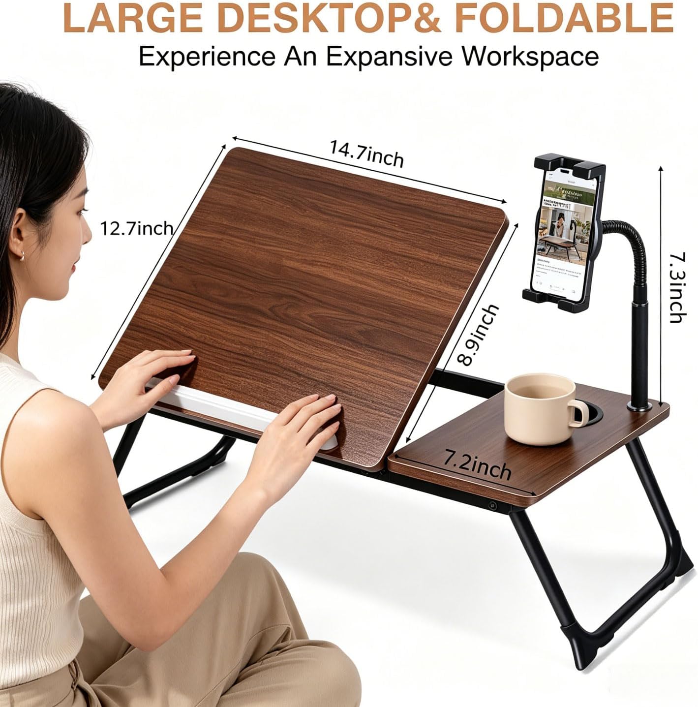 Foldable Lap Desk for Bed and Sofa, Portable Laptop Desk with Gooseneck Phone Stand, Cup Holder & Mouse Pad Extension, Extra Large Bed Desk Tray fits up to 17" Laptops (Walnut)