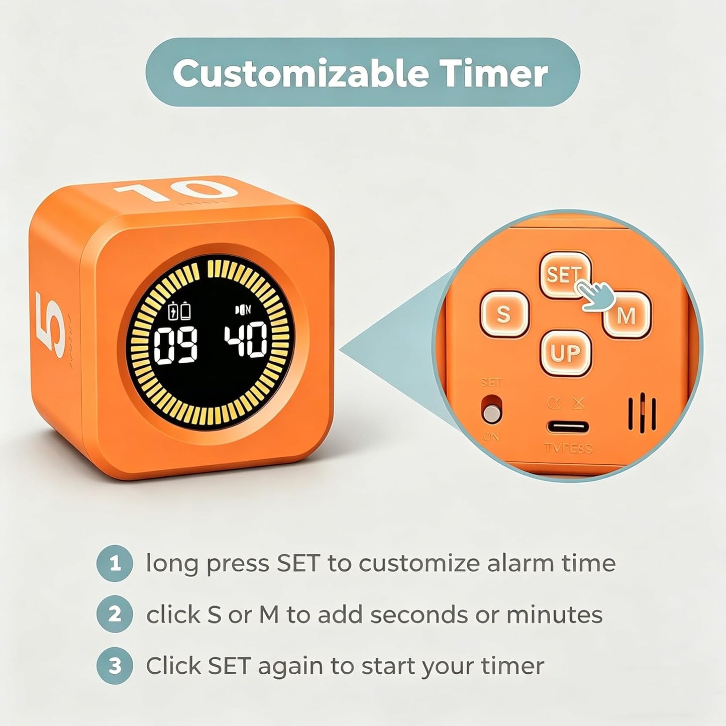 KADAMS Pomodoro Timer Visual - Productivity Pomodoro Cube, 5/10/25/50 Min Countdown & Countup, Silent – Ideal for Work Study Cook Workout Kitchen School Classroom Office ADHD Gift Kids (1, Black)