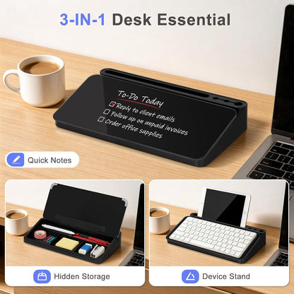 WALGLASS Small Desktop Whiteboard with Storage, Glass Desk Dry Erase White Board Computer Keyboard Stand with Drawer, Desk Organizers with Accessories for Office, Home, School Supplies White