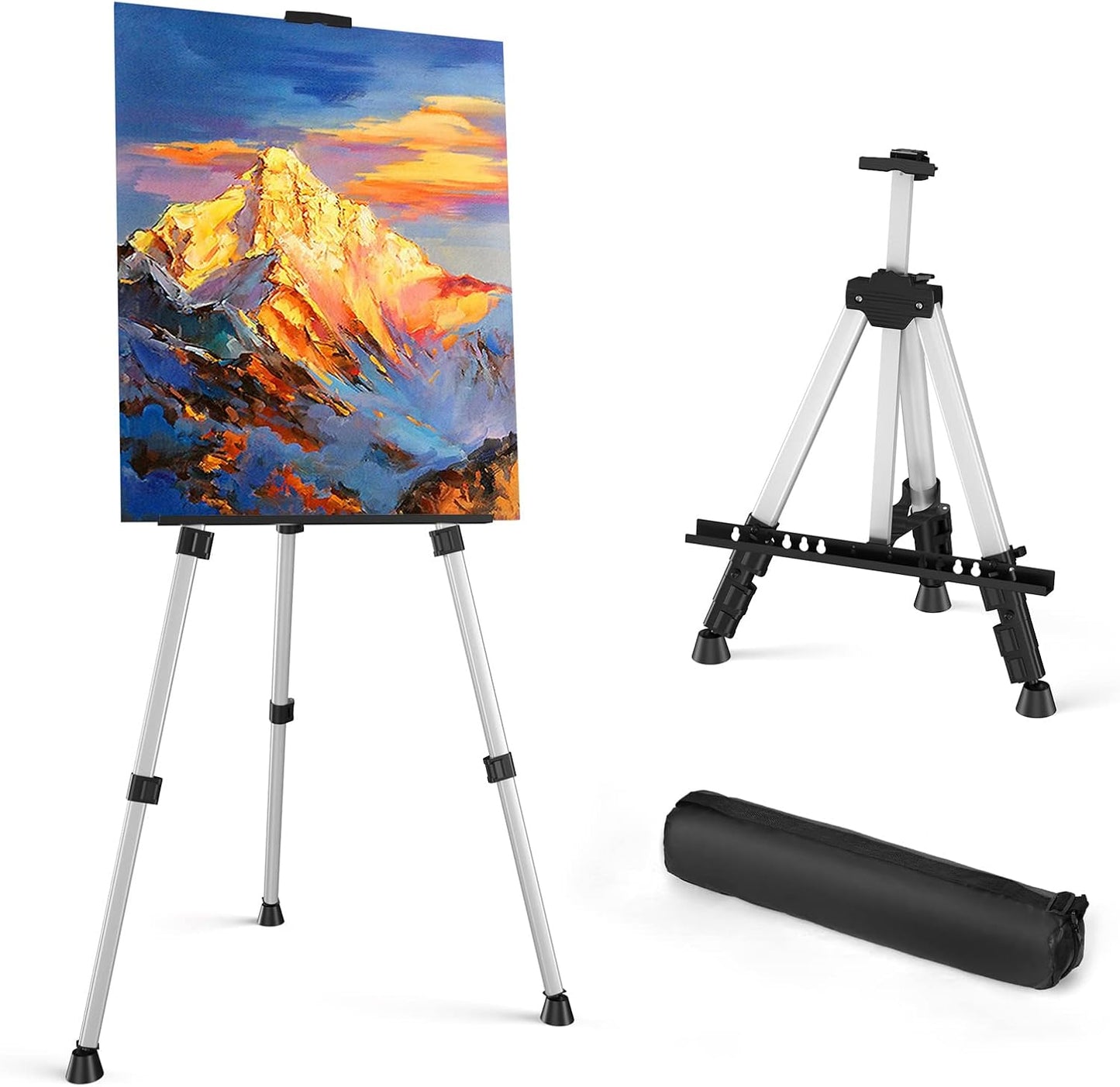 Art Painting Artist Easel Stand, Portable Adjustable Aluminum Metal Tripod Display Easel with Bag, Height from 17 to 66 inch for Table-Top/Floor Drawing and Displaying, Black