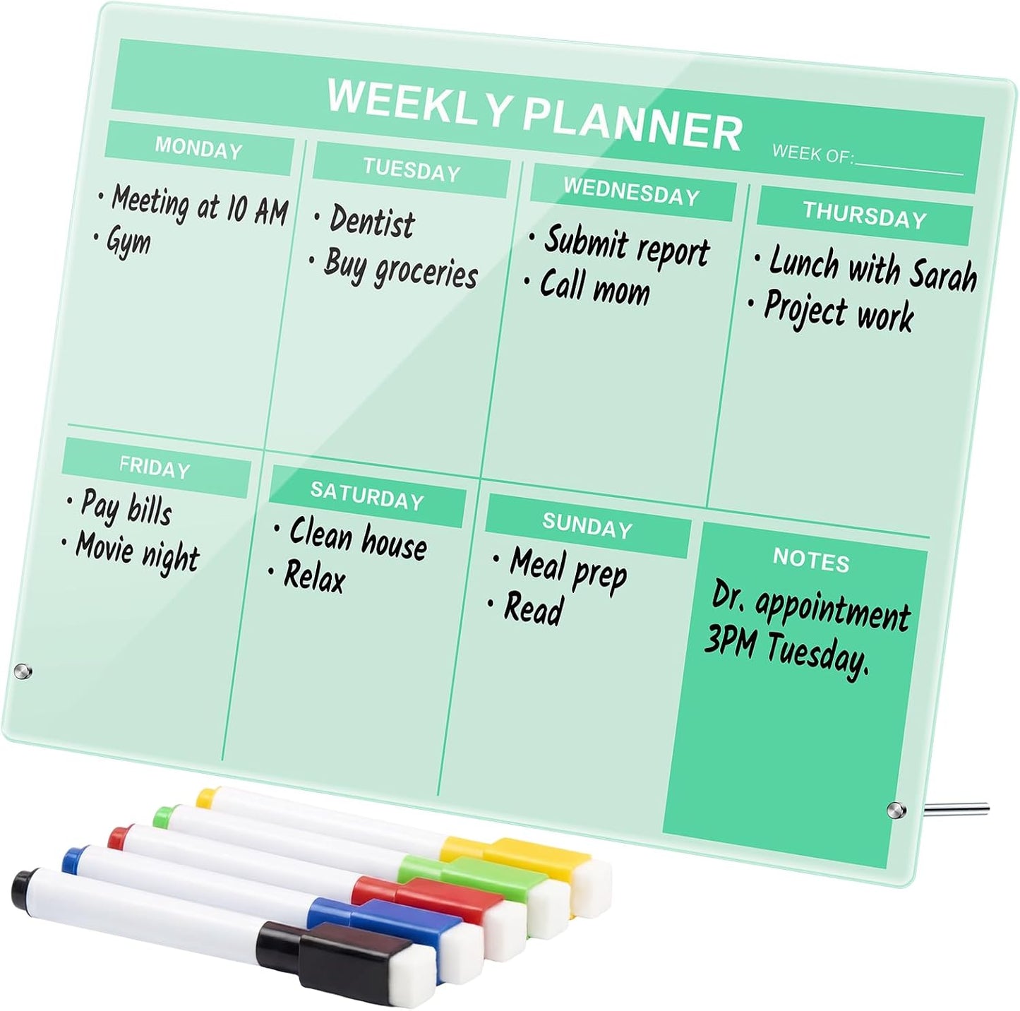 Desktop Acrylic Weekly Planner Board Acrylic Calendar Dry Erase Board with Stand to Do List Planner Boards with Daily Schedule and Markers for Family Home Office(Sage Green)