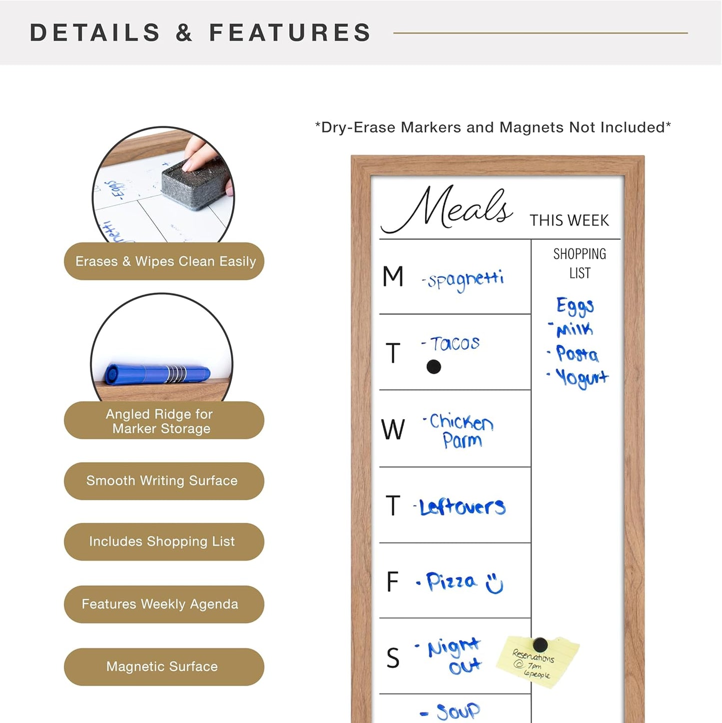 MCS Dry Erase Weekly Planner 11x24 Walnut Framed Calander Whiteboard for Wall, Plan Your Week with Family Weekly Planner for Dinners, Sports, Events & More