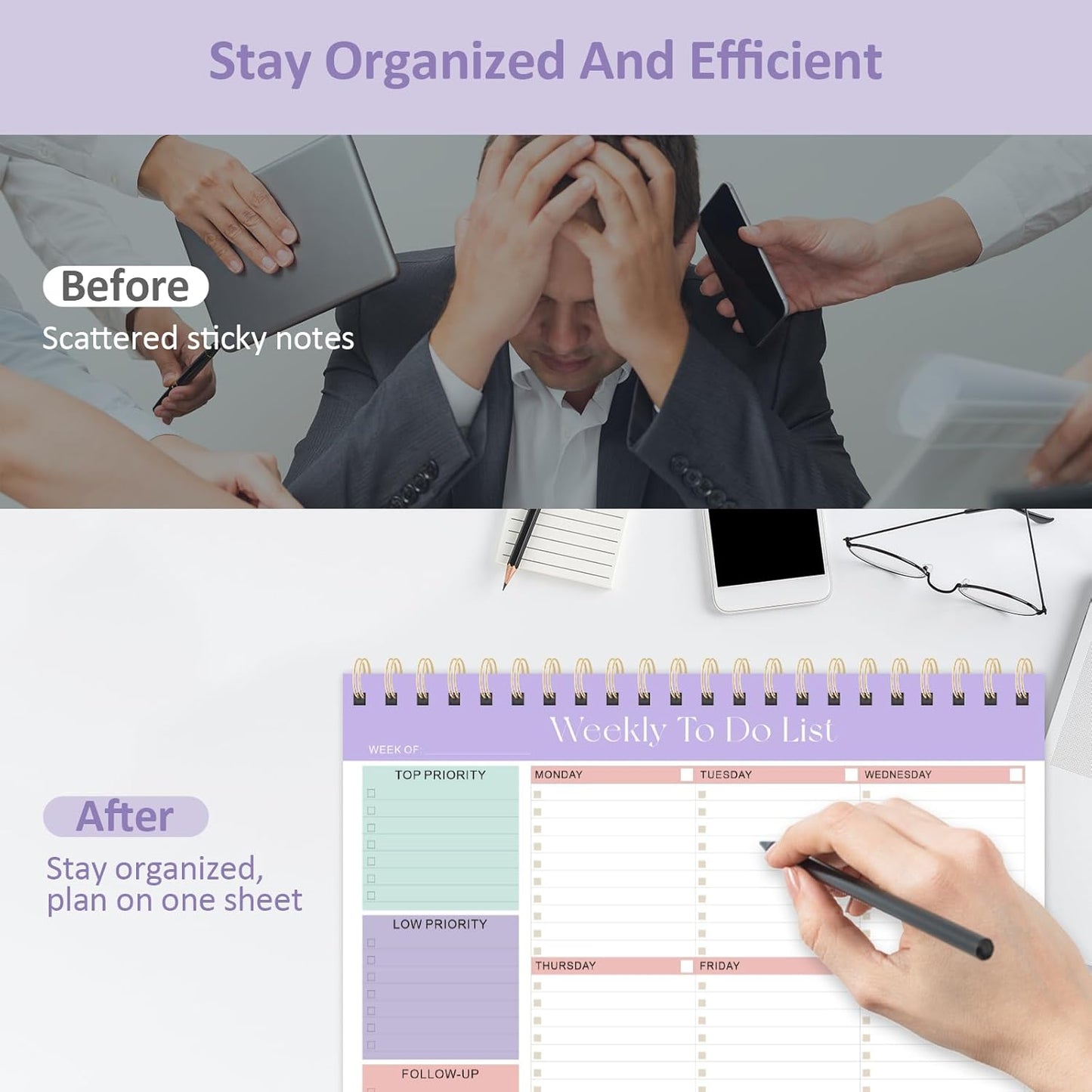 Weekly To Do List Notepad, 52 Undated Sheets (8.5"×11"), Undated Weekly Planner for Women & Men, Desk Accessories and Supplies for Office, Home, and School