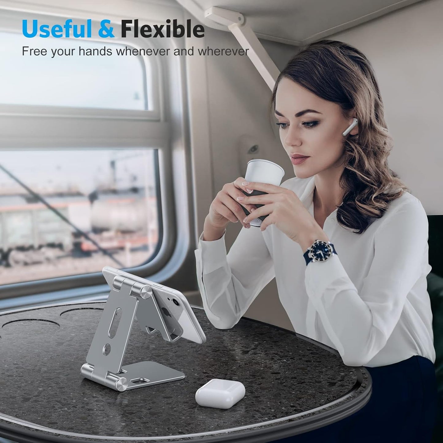 OMOTON Foldable Cell Phone Stand, C4 Portable Aluminum Phone Holder, Adjustable Phone Dock Cradle for iPhone 17/16/15 Pro Max Air, Small Tablets, Smart Phones, Women Men Gift for Fathers Day, Silver