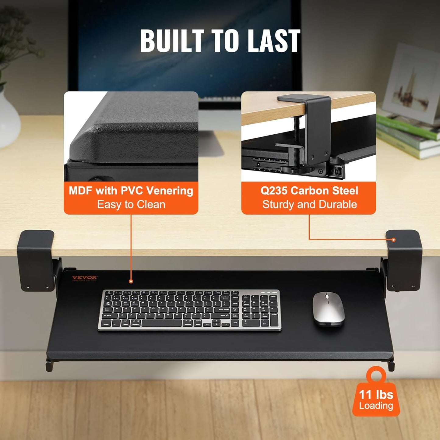 VEVOR Under-Desk Keyboard Tray, Adjustable for Height and Tilt, Slide-Out Design, Spacious 25x9.8 Inch Surface, Ideal for Home and Office Use