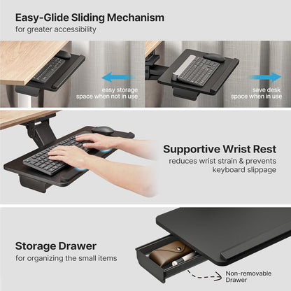 PEGZONE Keyboard Tray Under Desk with Storage Drawer, Height Adjustable Keyboard Tray Slide Out Swivel Tilt, Ergonomic Under Desk Mount Keyboard & Mouse Holder for Gaming Home Office, 25x11'', Black