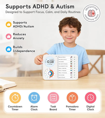 3-in-1 Visual Timer & ADHD Tool for Kids – ADHD Task Timer for Adults with Visual Schedule, Chore Chart & Planning Board for Home, School, Classroom, Work (White)