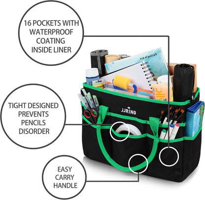 Jjring Craft and Art Organizer Tote Bag - 600D Silver Nylon Fabric Art Caddy with Pockets - for Art, Craft, Sewing, Medical, and Office Supplies Storage