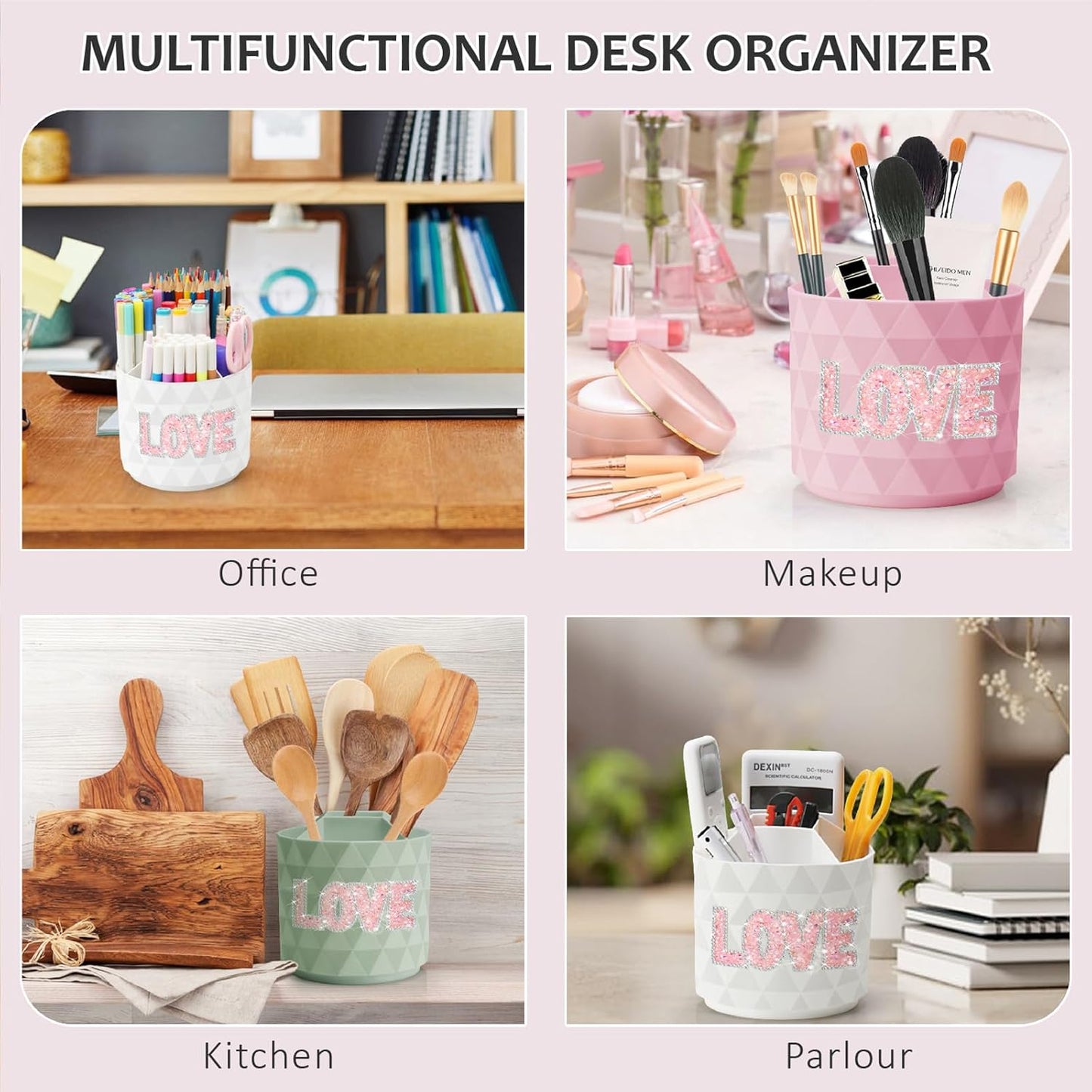 Desk Organizer, 360-Degree Rotating Pencil Pen Holders For Desk, Diamond Pattern Pen Organizer With 5 Compartments, Cute Desk Accessories Decor For Office, School,Home,Art Supply (White)