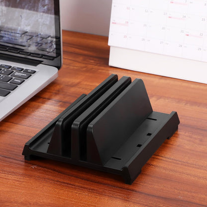 Adjustable Laptop Vertical Stand with Dual Slots Black Desktop Organizer Laptop Holder for Notebook Tablet and Phone Workspace Storage