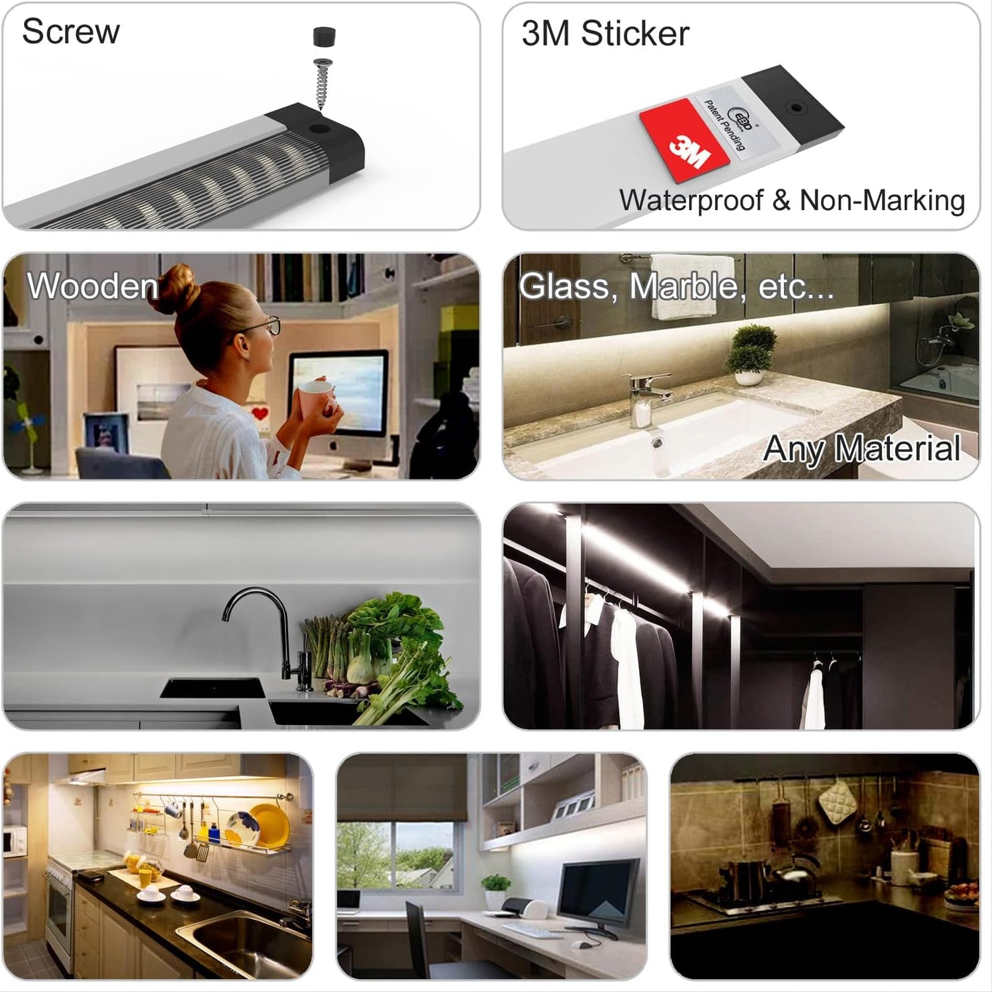 EBD LED Light Bar Built-in Adjustable Cable 12 Pcs Corner Input Under-Counter Light fixtures Work Bench linkable Touch Lights 3000K 5400 Lm Super Bright for Pantry Garage Shelves Closet Shelf