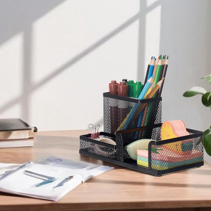 Comix 360° Rotating Pen Holder for Desk, 5 Compartments Office Desk Organizer, Black Mesh Metal Pencil Holder Cup for Office Home School