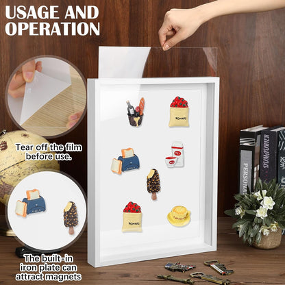 Vicenpal 1 Pcs Large Magnetic Board 16" x 12" Magnet Display Board Removable Souvenir Fridge Magnet Frames Case for Wall Dust Proof Magnetic Shadow Box for Wall Table Refrigerator (Black)