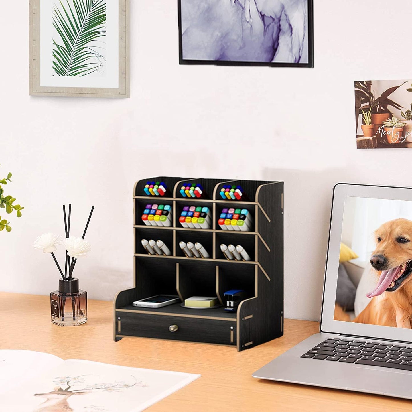 Marbrasse Wooden Desk Stationary Organizer, Multi-Functional Pen Holder, Storage Rack for School Home Office Art Supplie (B16-Cherry Color)