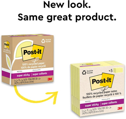 Post-it 100% Recycled Paper Super Sticky Notes, 3 in. x 3 in., 5 Pads, 70 Sheets per Pad, Wanderlust Pastels, School Supplies and Office Products