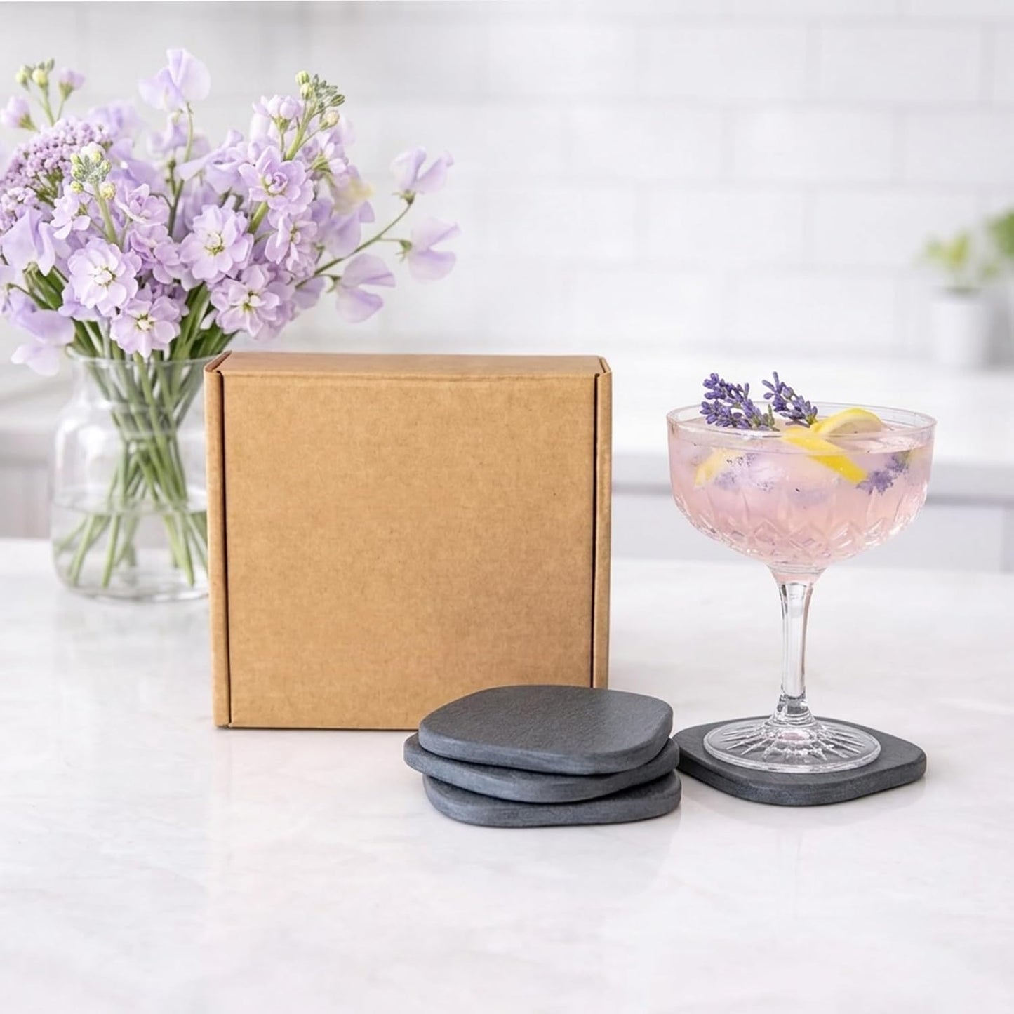 Diatomaceous Earth Coasters Set of 2 for Drinks, Moisture Water Absorbent Stone Coasters for Table Desk at Work, Water Absorbing Instant Drying Diatomite, Modern White